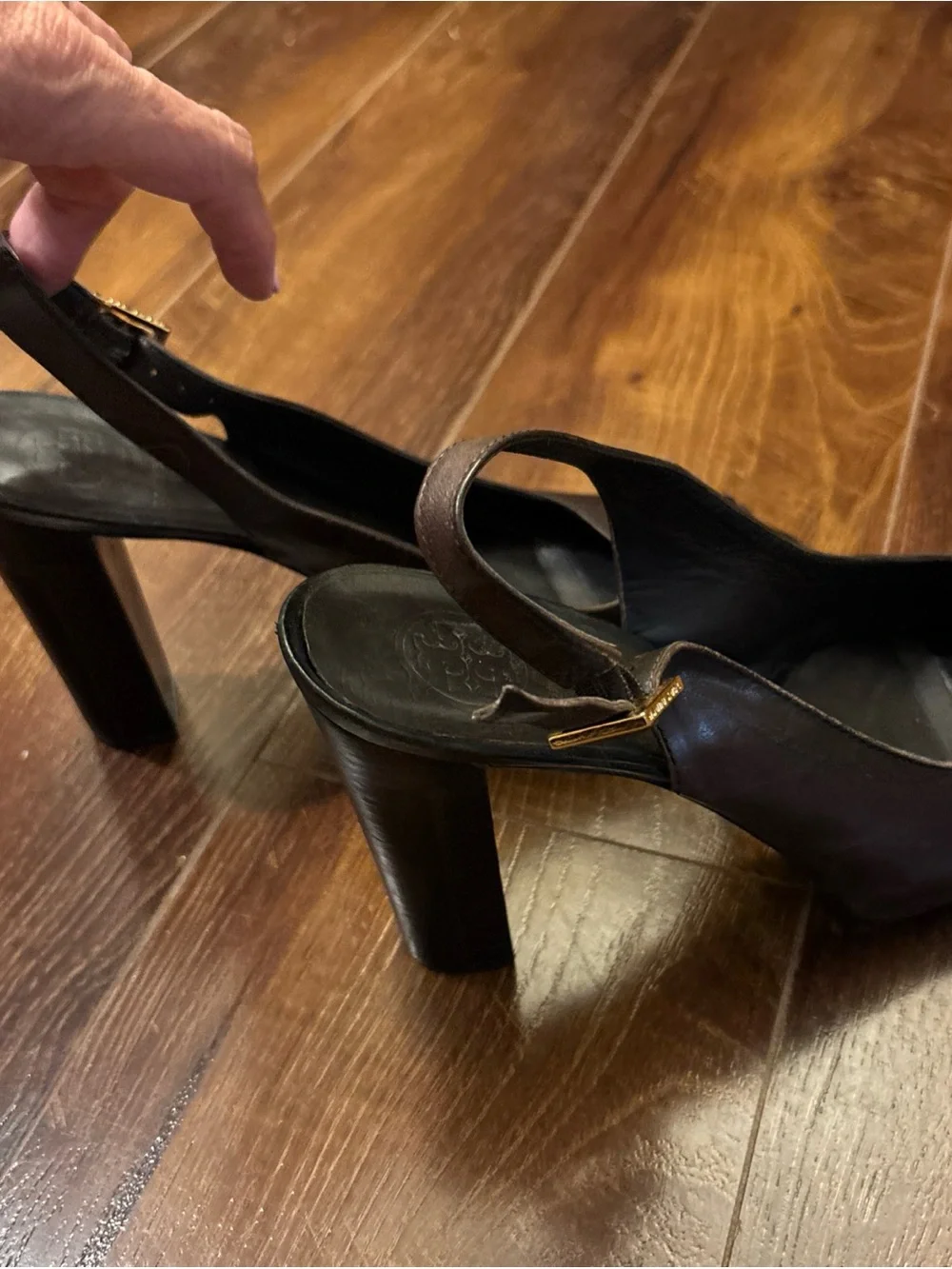 Tory Burch Brown Leather Peep-Toe Slingback Heels